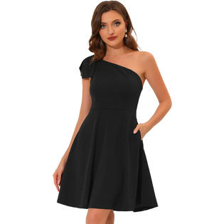 Unique Bargains Allegra K Women Bow One Shoulder Strapless Pockets Aline Cocktail Dress Black M Unique Bargains Allegra K Women Bow One Shoulder Strapless Pockets Aline Cocktail Dress Black M