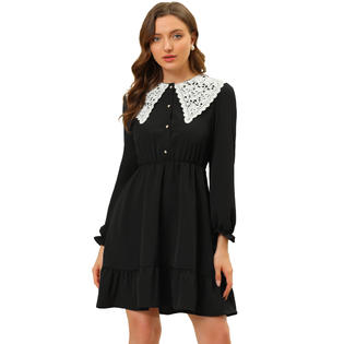 Unique Bargains Women's Vintage Ruffle Hem Dresses A-Line Crochet Peter Pan Collar Dress Small Black Unique Bargains Women's Vintage Ruffle Hem Dresses A-Line Crochet Peter Pan Collar Dress Small Black