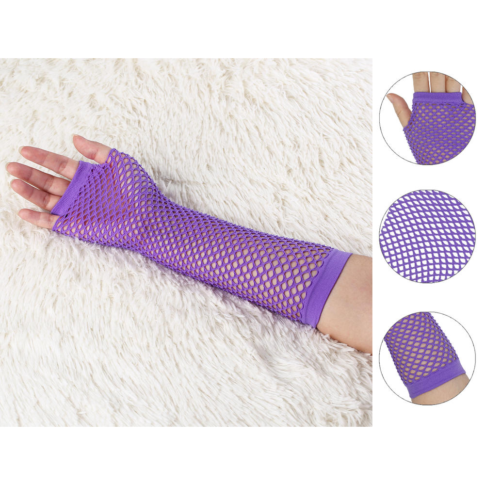 Unique Bargains Pair Lavender Stretchy Mesh Fishnet Elbow Fingerless Goth Arm Warmers for Lady