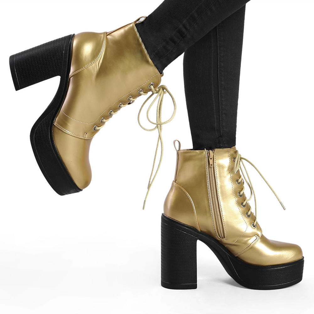 Unique Bargains Women's Platform Chunky High Heel Lace Up Combat Boots