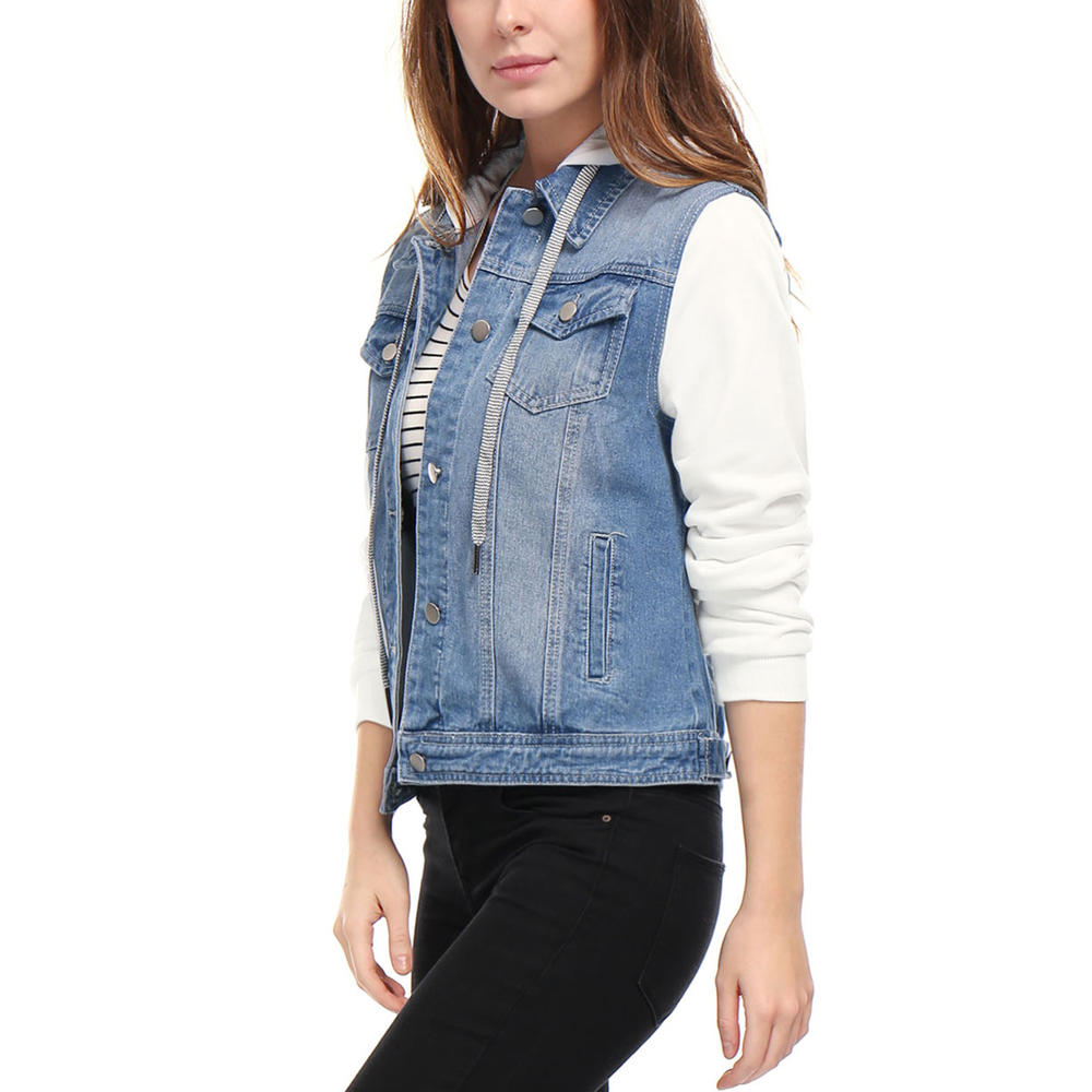 Unique Bargains Women's Drawstring Hood Layered Denim Jacket w Pockets Sky Blue (Size L / 14)