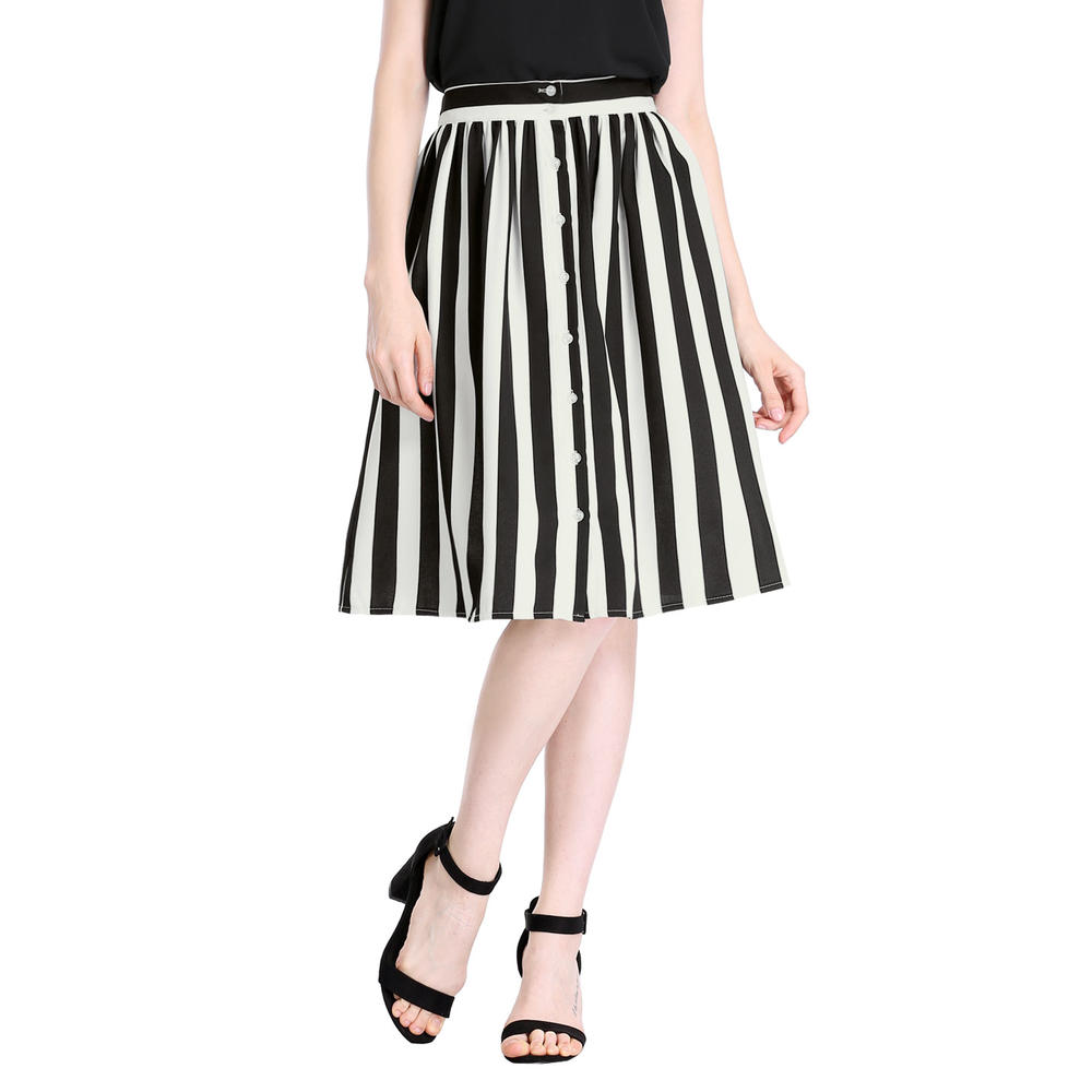 Unique Bargains Woman Stripes Button Front Elastic Back A Line Midi Skirt Black XS