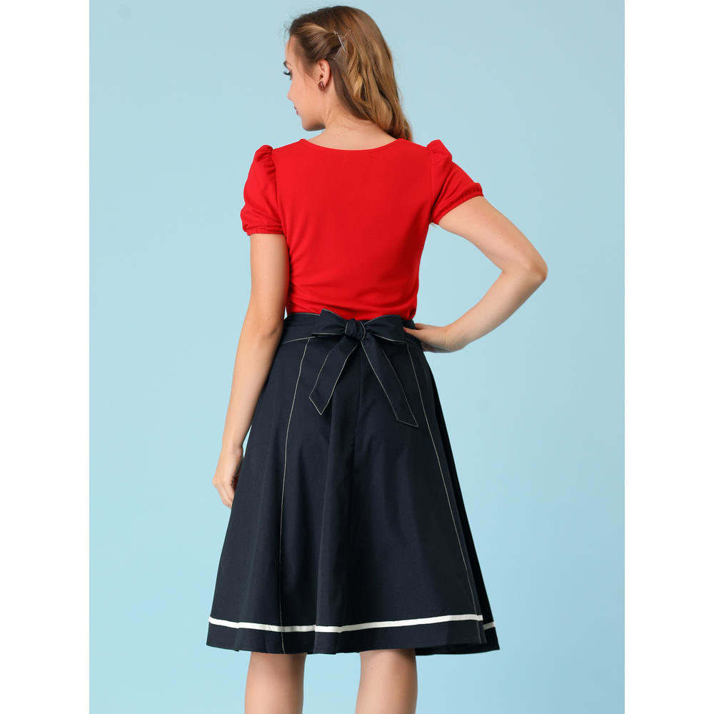 Unique Bargains Allegra K Women's Button Decor Tie High Waist A-Line Knee Length Skirt