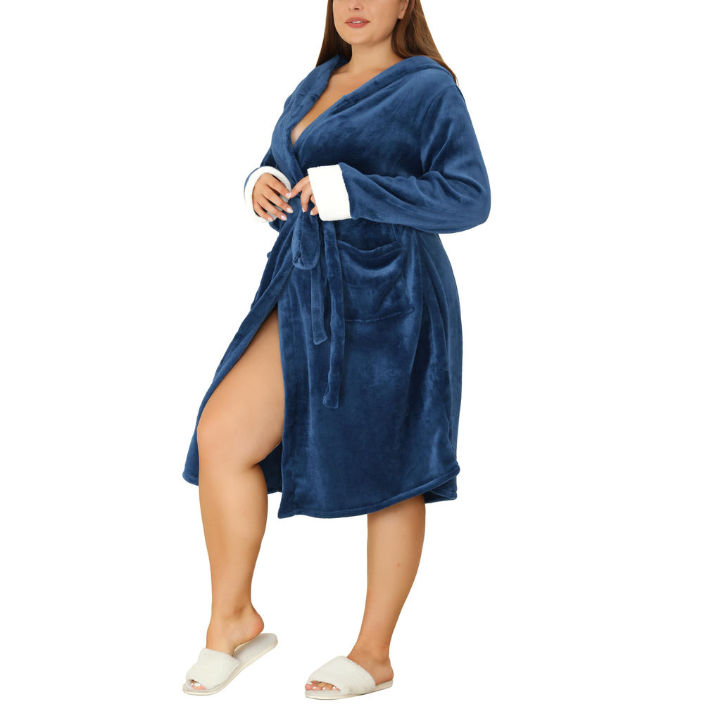 Unique Bargains Agnes Orinda Plus Size Nightgown for Women Faux Fur Robe Fleece Hood Warm Plush Flannel Robe