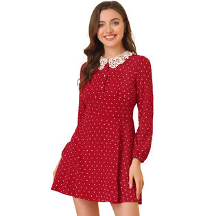 Unique Bargains Women's Heart Print Peter Pan Collar Valentine's Day Long Sleeve Mini Dress Burgundy M Unique Bargains Women's Heart Print Peter Pan Collar Valentine's Day Long Sleeve Mini Dress Burgundy M