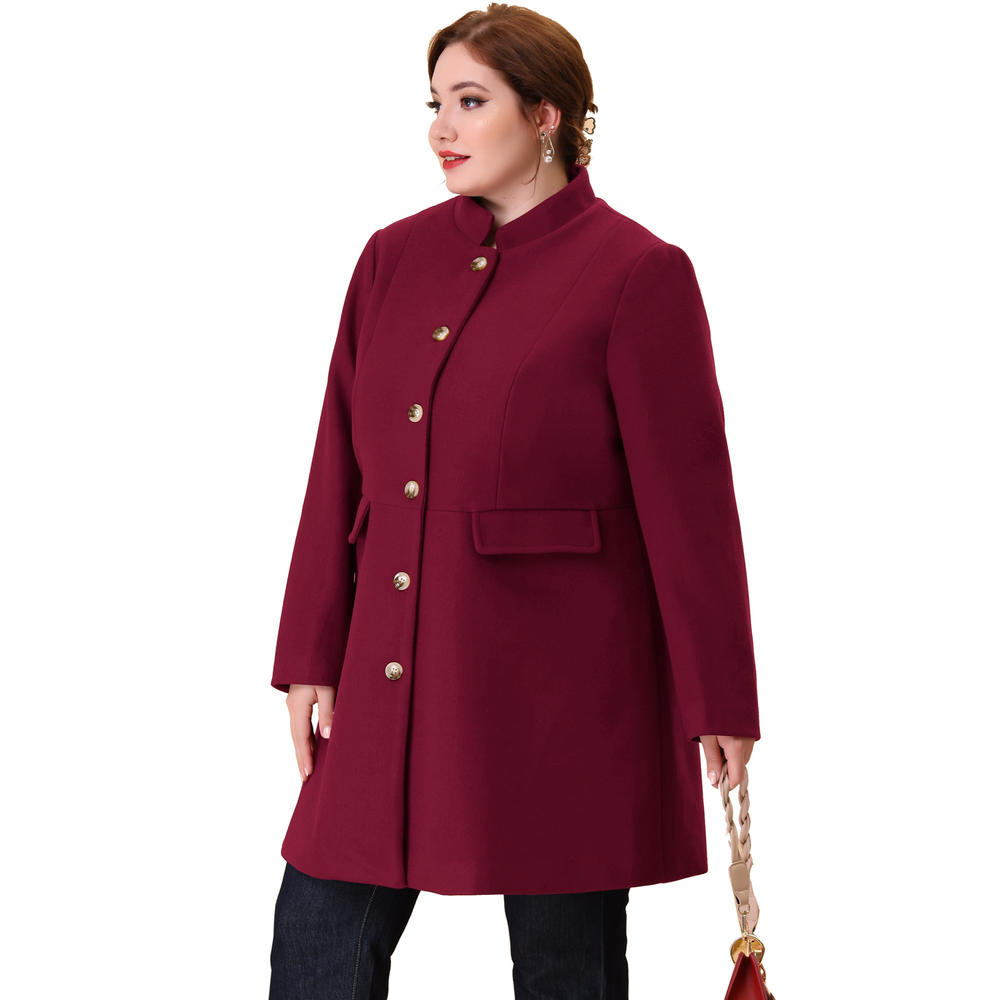 Unique Bargains Agnes Orinda Plus Size Long Coat for Women Elegant Mid-thigh Stand Collar Winter Single Breasted Coat