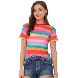 Unique Bargains Rainbow Blouse for Women's Night Out Short Sleeve Semi Sheer Blouse