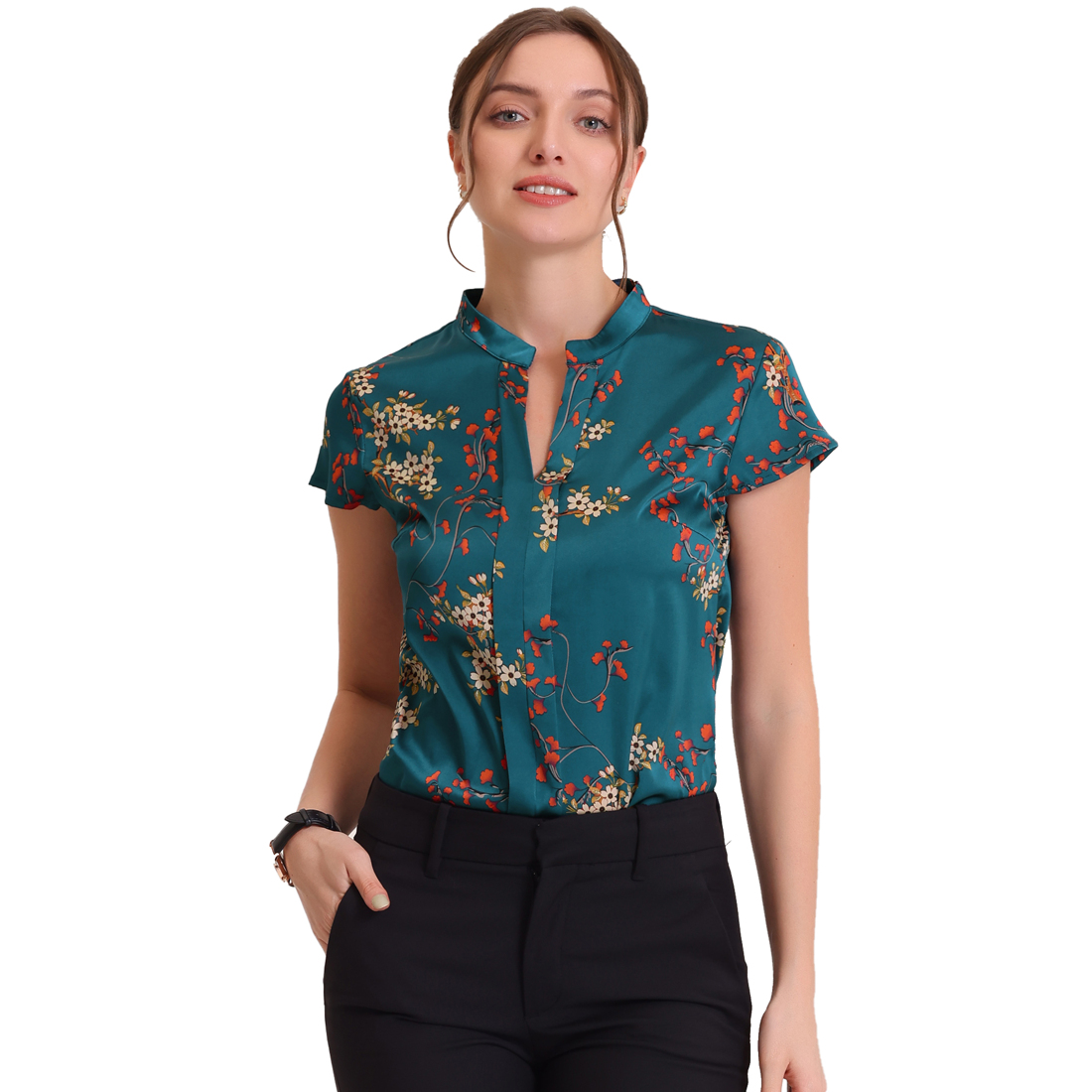 Unique Bargains Satin Blouse for Women's Stand Collar Floral Silky Work Blouse
