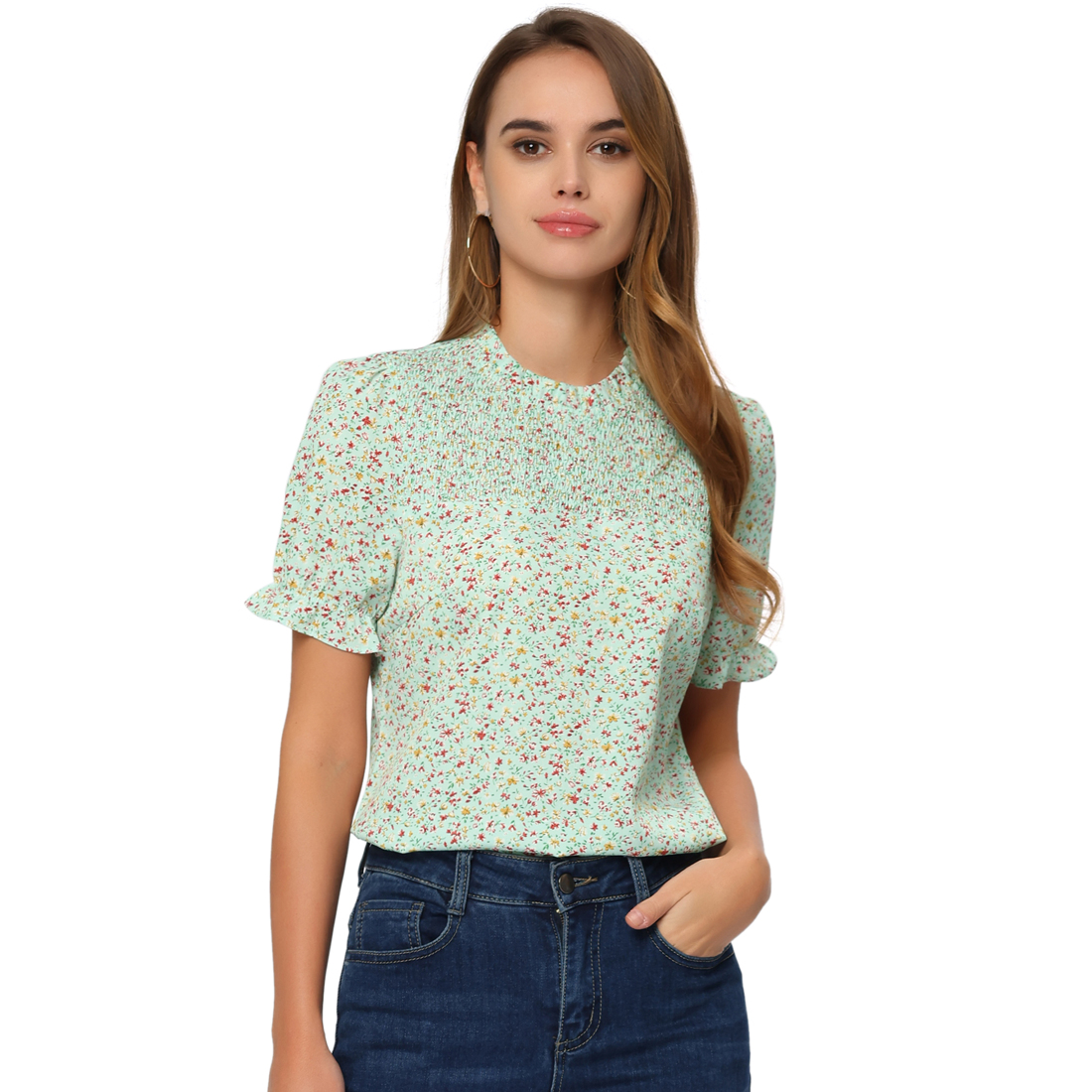 Unique Bargains Floral Blouse for Women's Ruffled Mock Neck Puff Sleeve Smocked Tops