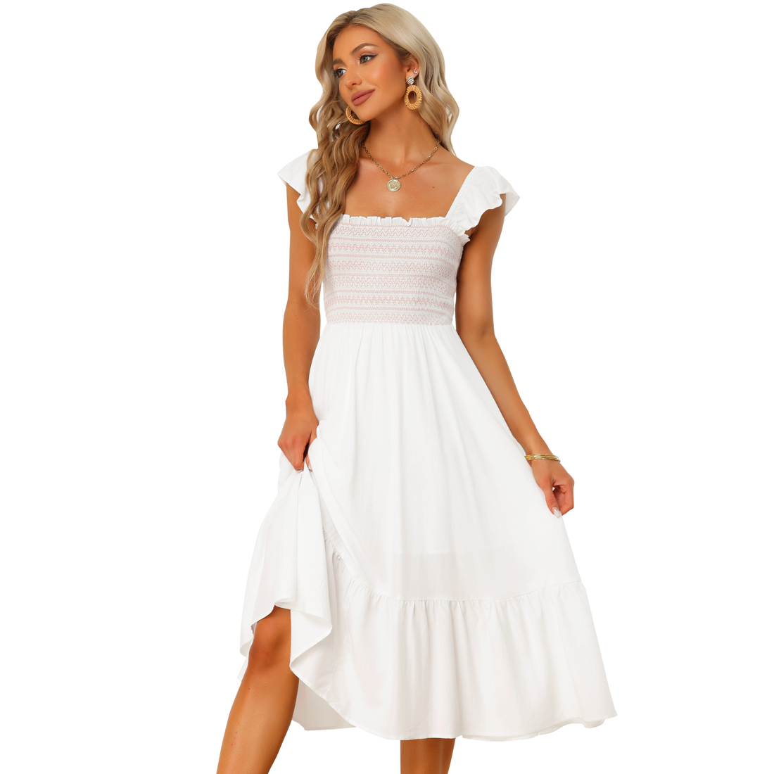 Unique Bargains Smocked Sundress for Women's Causal Square Neck Boho  Sleeveless Ruffle Tiered Midi Dress X-Small White