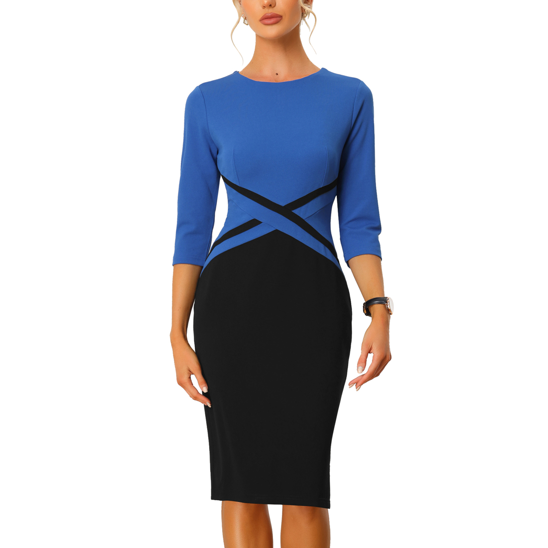 blue dress for baby girl Cotton 3/4 Sleeve Bodycon Fitted Knee Length Midi Dress main image 0