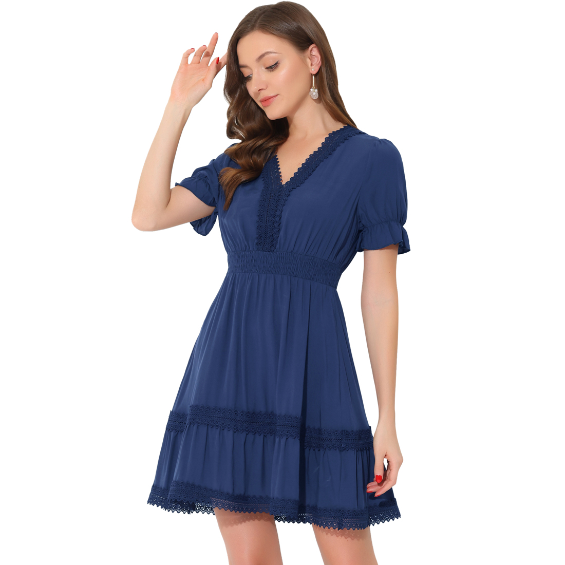 Unique Bargains Women's Boho Crochet Trim Puff Sleeve V Neck Smocked Waist  Ruffled Tiered Dress Small Dark Blue