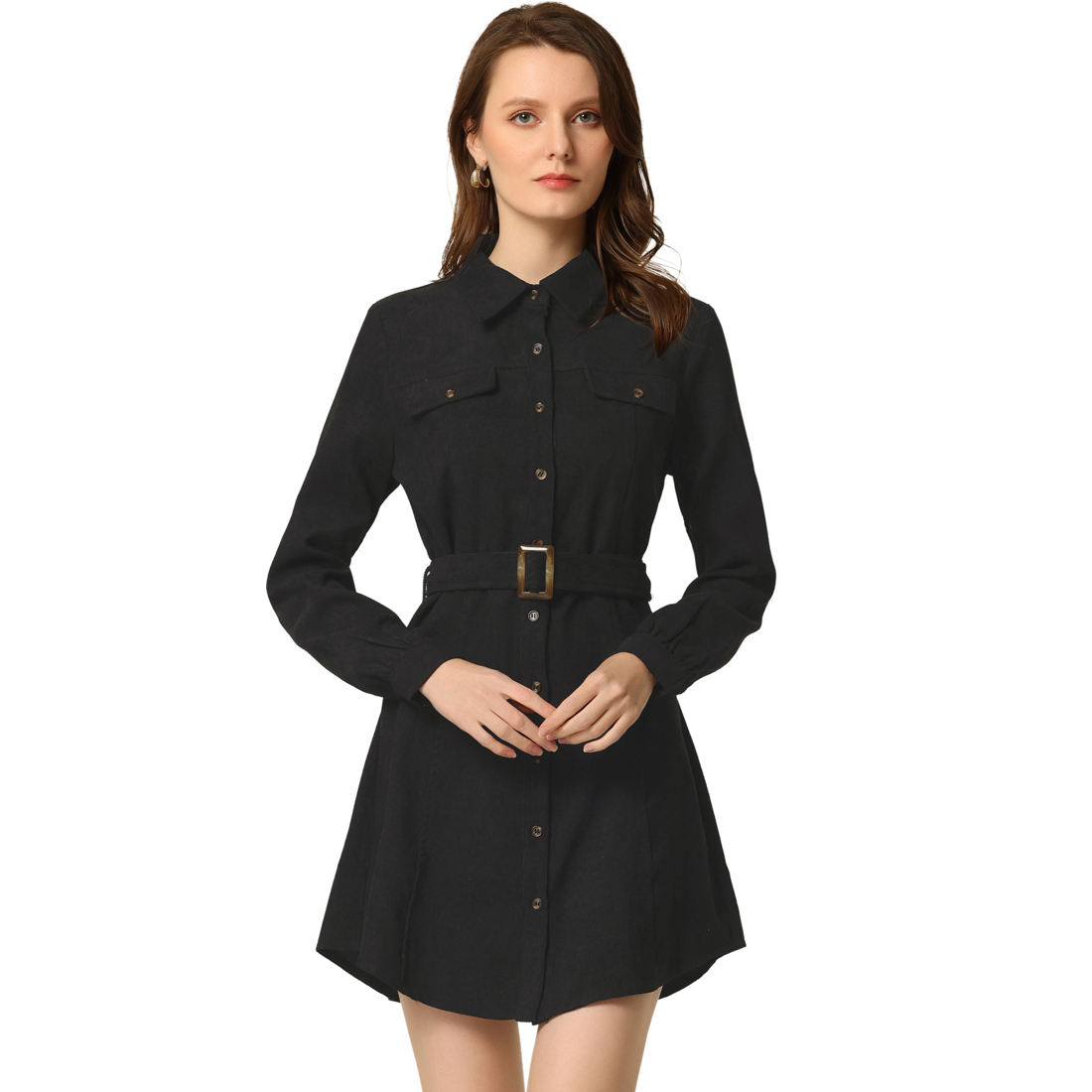 Unique Bargains Women's Corduroy Safari Point Collar Belted