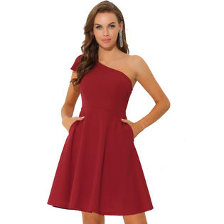 Unique Bargains Women's Bow One Shoulder Sleeveless Flowy Elegant Cocktail Party Dress with Pockets Red L Unique Bargains Women's Bow One Shoulder Sleeveless Flowy Elegant Cocktail Party Dress with Pockets Red L