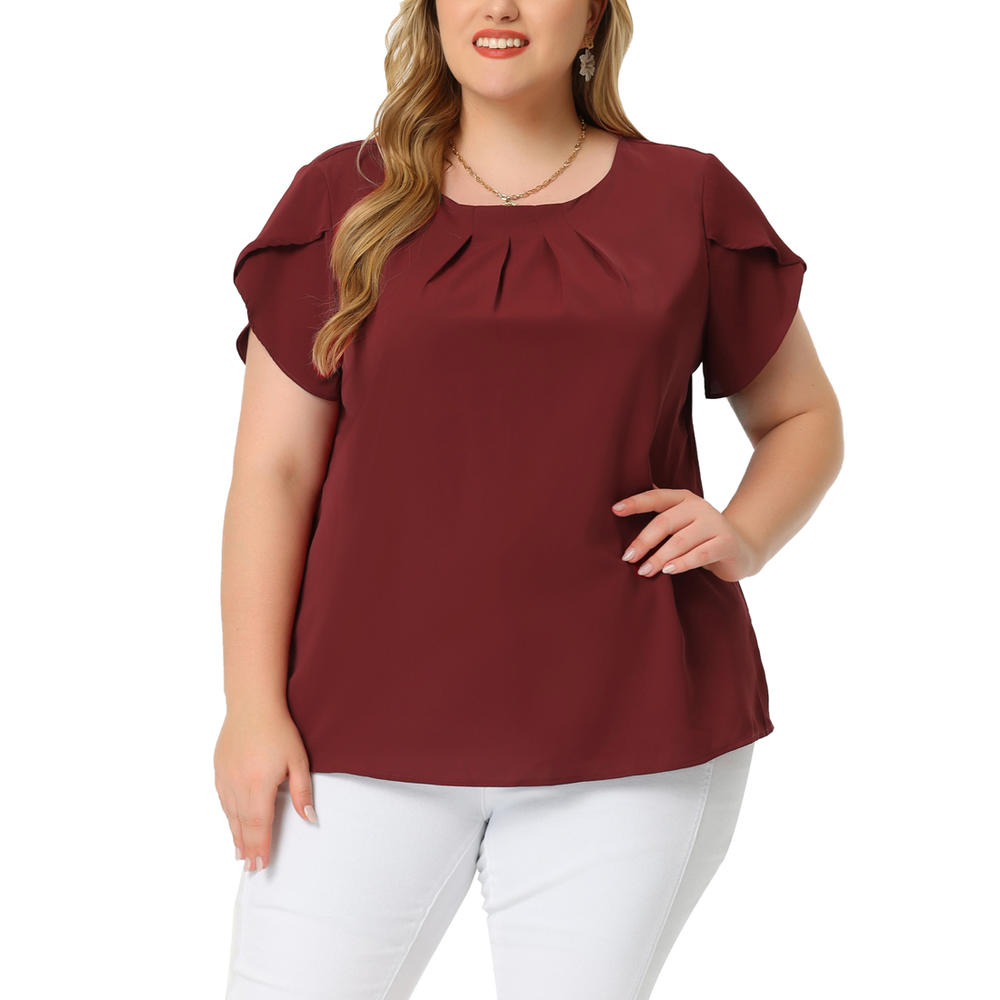 Unique Bargains Agnes Orinda Plus Size Tops for Women Work Office Casual Round Neck Basic Pleated Top Tulip Sleeves Blouse