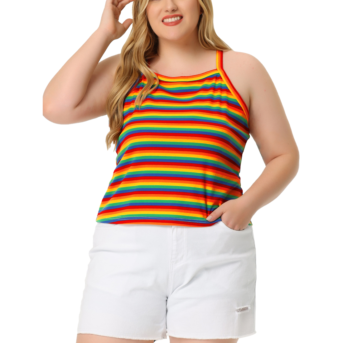 Unique Bargains Agnes Orinda Plus Size Cami Strap for Women Stripe Sleeveless Stretch Camisole Tops