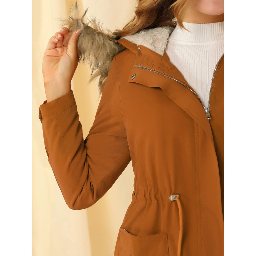 Unique Bargains Allegra K Women's Parka Coat Faux Fur Hooded Tie Wasit Jacket with Pockets