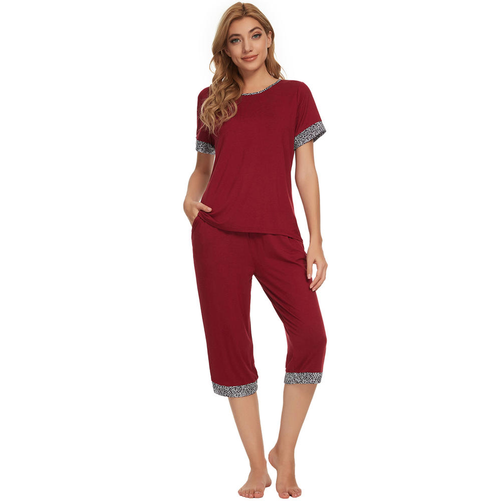 Unique Bargains cheibear Womens Pajama Set Round Neck with Capri Pants Casual Pjs Lounge Sleepwears