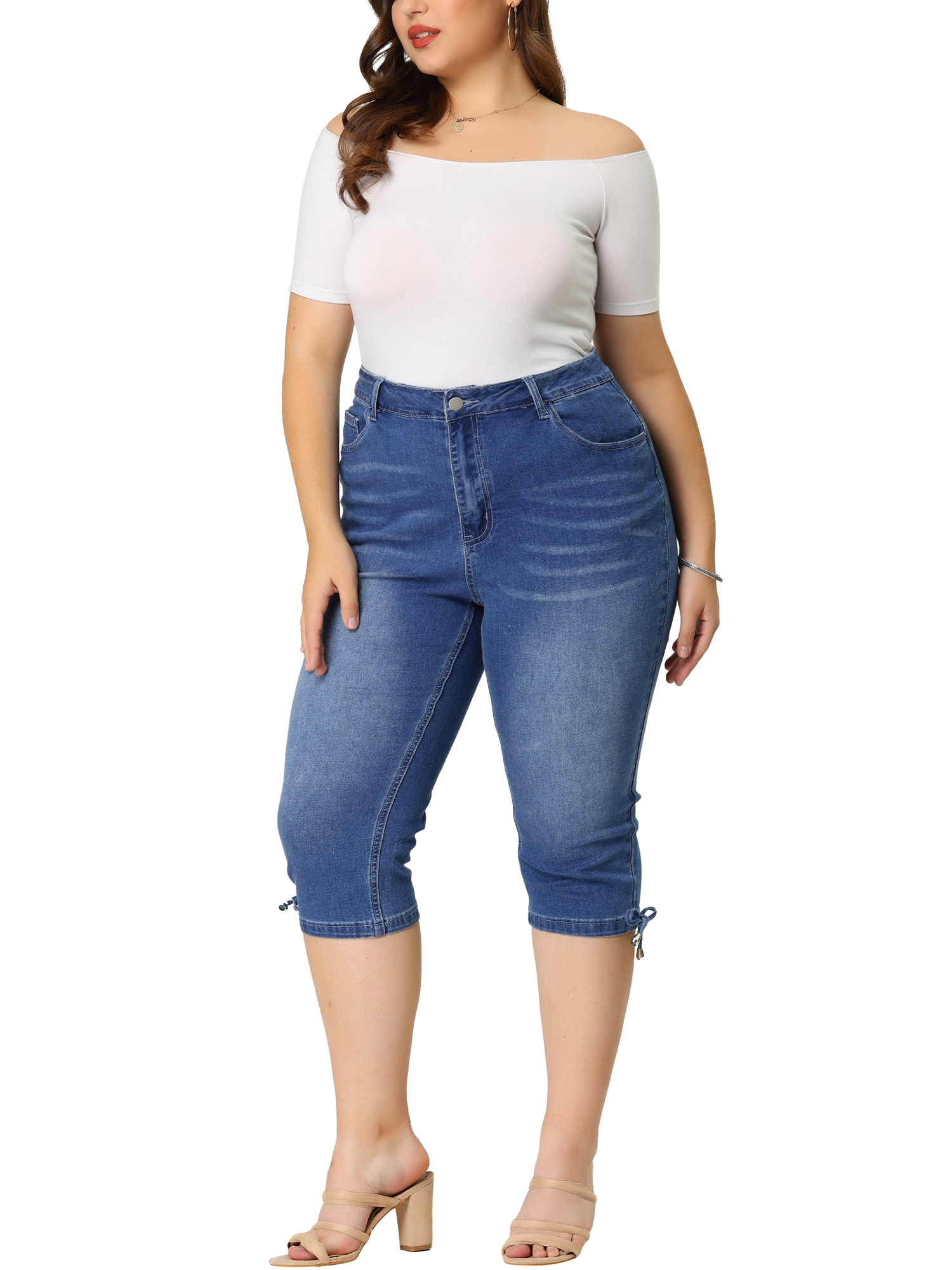 Unique Bargains Agnes Orinda Plus Size Denim Jeans for Women Mid Rise Fray Casual Cropped Jean Pants