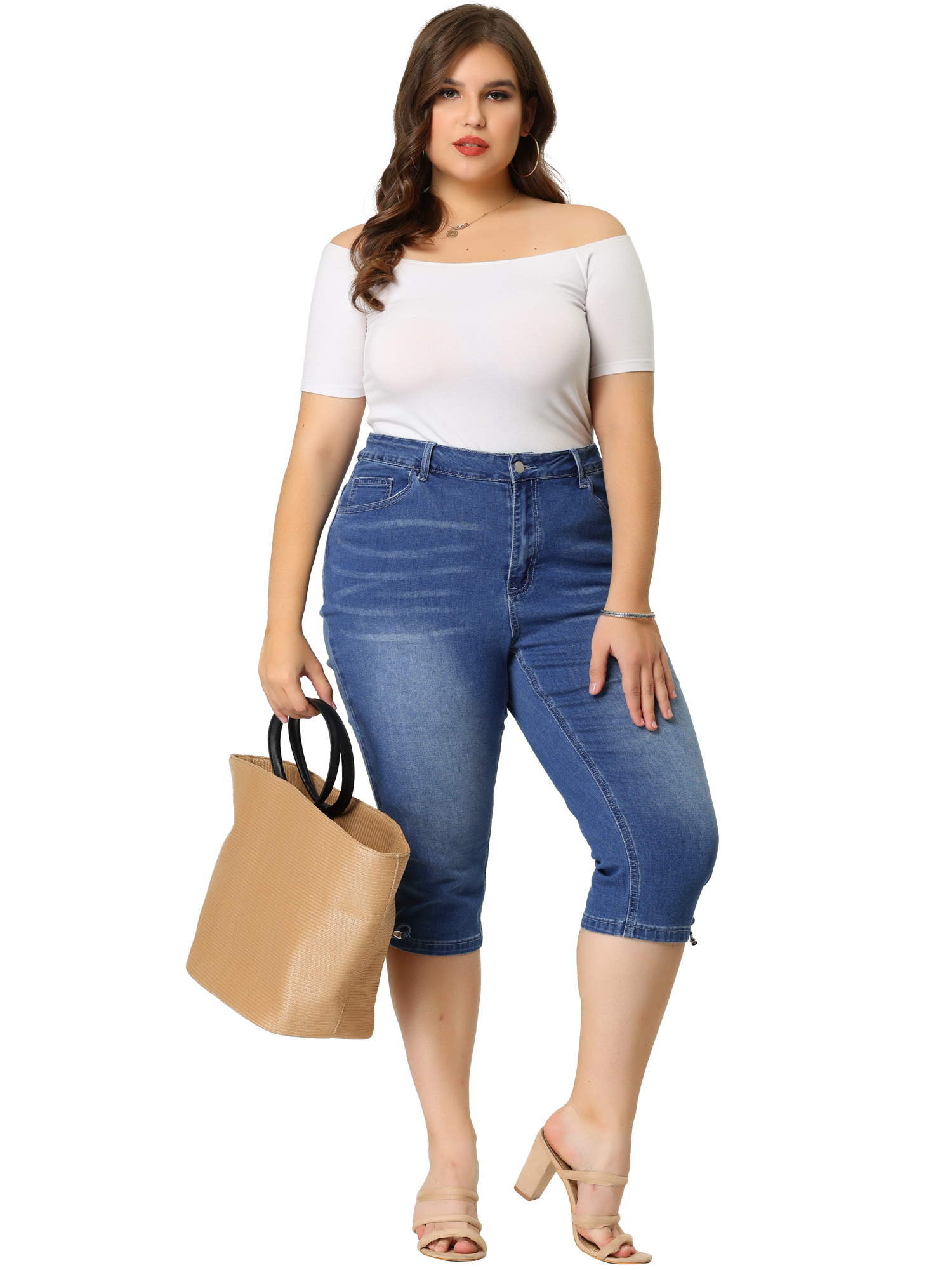 Unique Bargains Agnes Orinda Plus Size Denim Jeans for Women Mid Rise Fray Casual Cropped Jean Pants