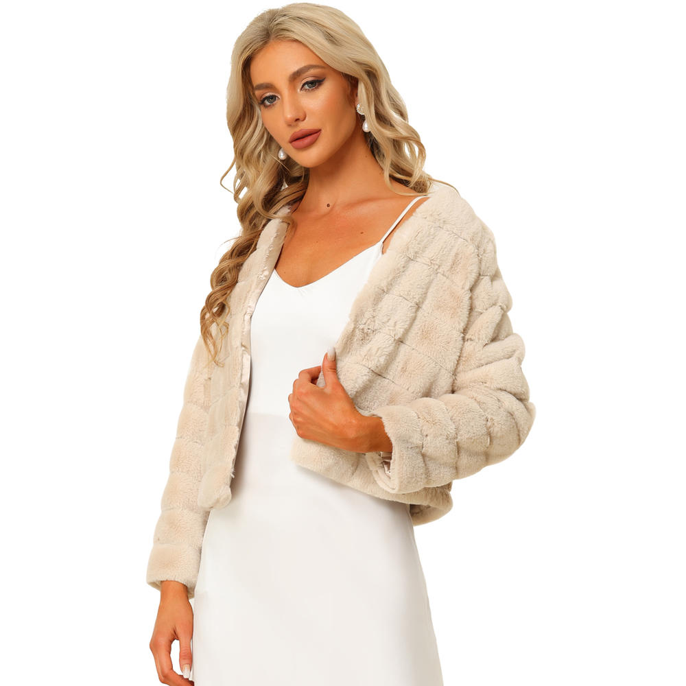 Unique Bargains Allegra K Women's Winter Warm Cropped Jacket Collarless Faux Fur Fluffy Coat