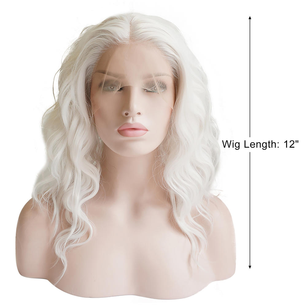 Unique Bargains Lace Front Wigs Medium Long Fluffy Curly Wavy for Girl Daily Use White 12"