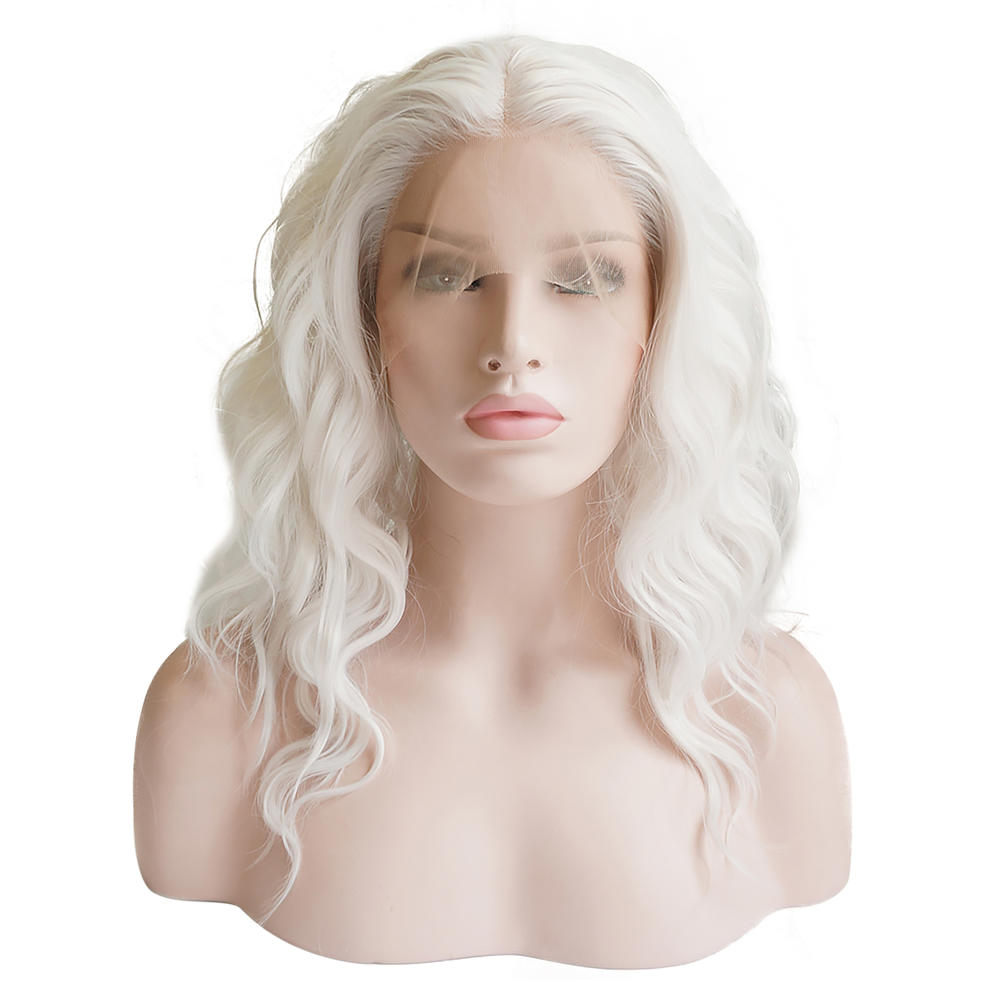 Unique Bargains Lace Front Wigs Medium Long Fluffy Curly Wavy for Girl Daily Use White 12"