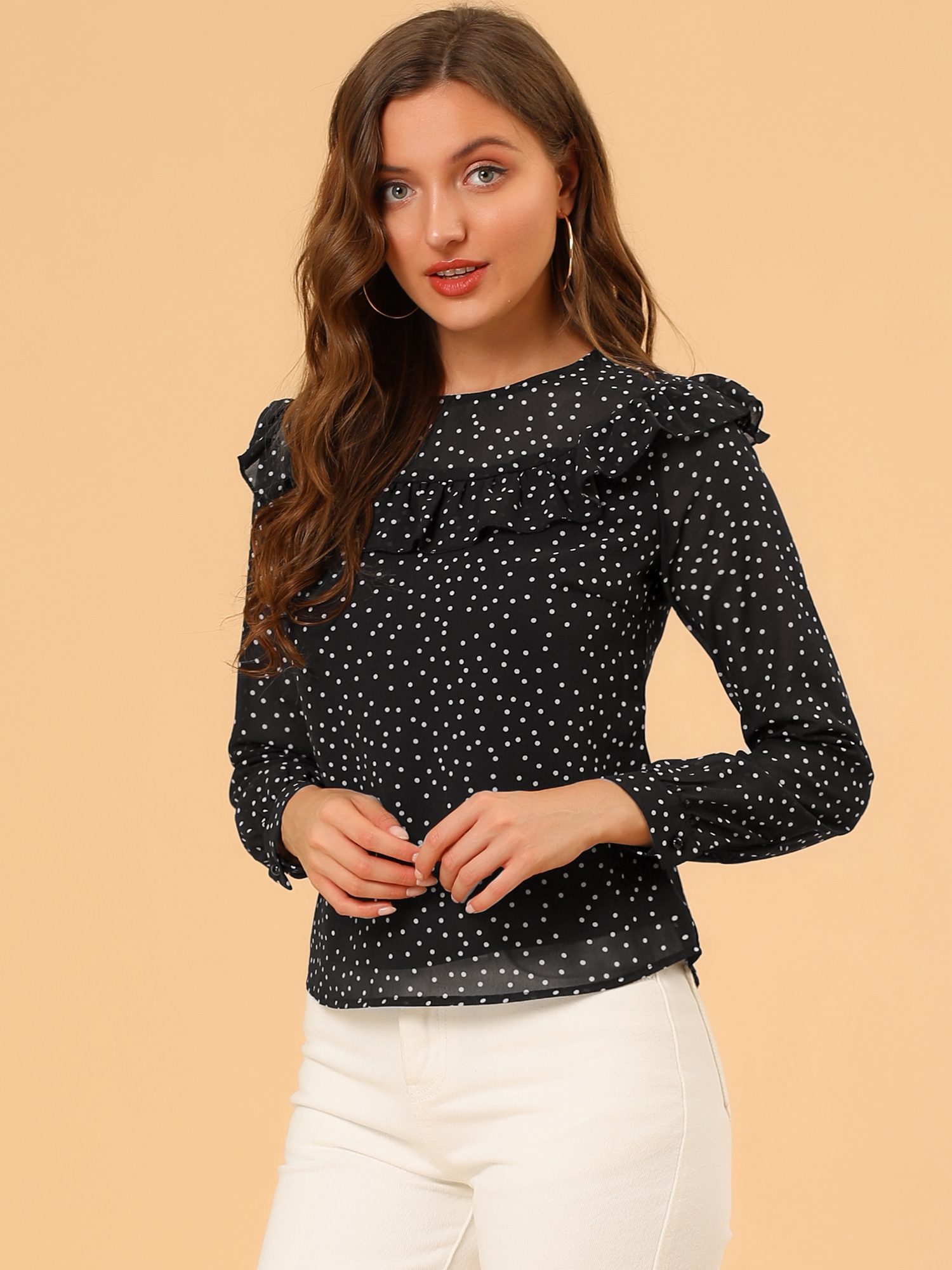 Unique Bargains Allegra K Women's Elegant Polka Dots Long Sleeve Round Neck Chiffon Blouse Top