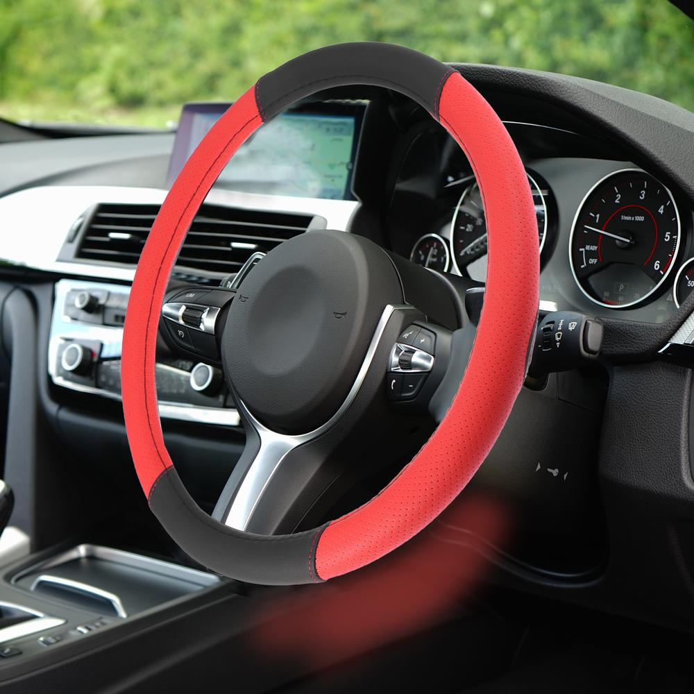 Unique Bargains Steering Wheel Cover for Car Universal Accessories Faux Leather Black Red