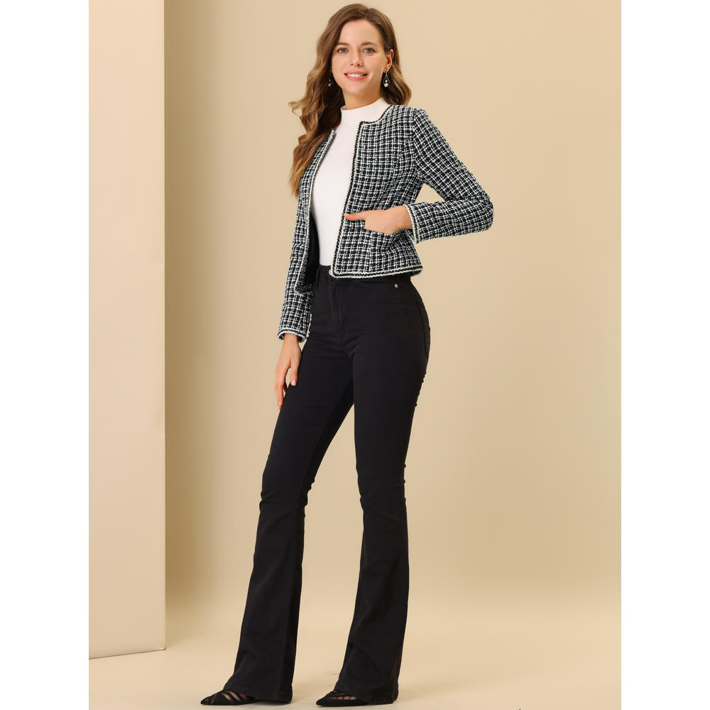Unique Bargains Allegra K Women's Plaid Tweed Long Sleeve Open Front Short Blazer