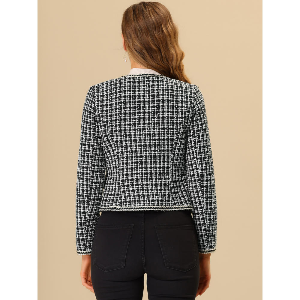 Unique Bargains Allegra K Women's Plaid Tweed Long Sleeve Open Front Short Blazer