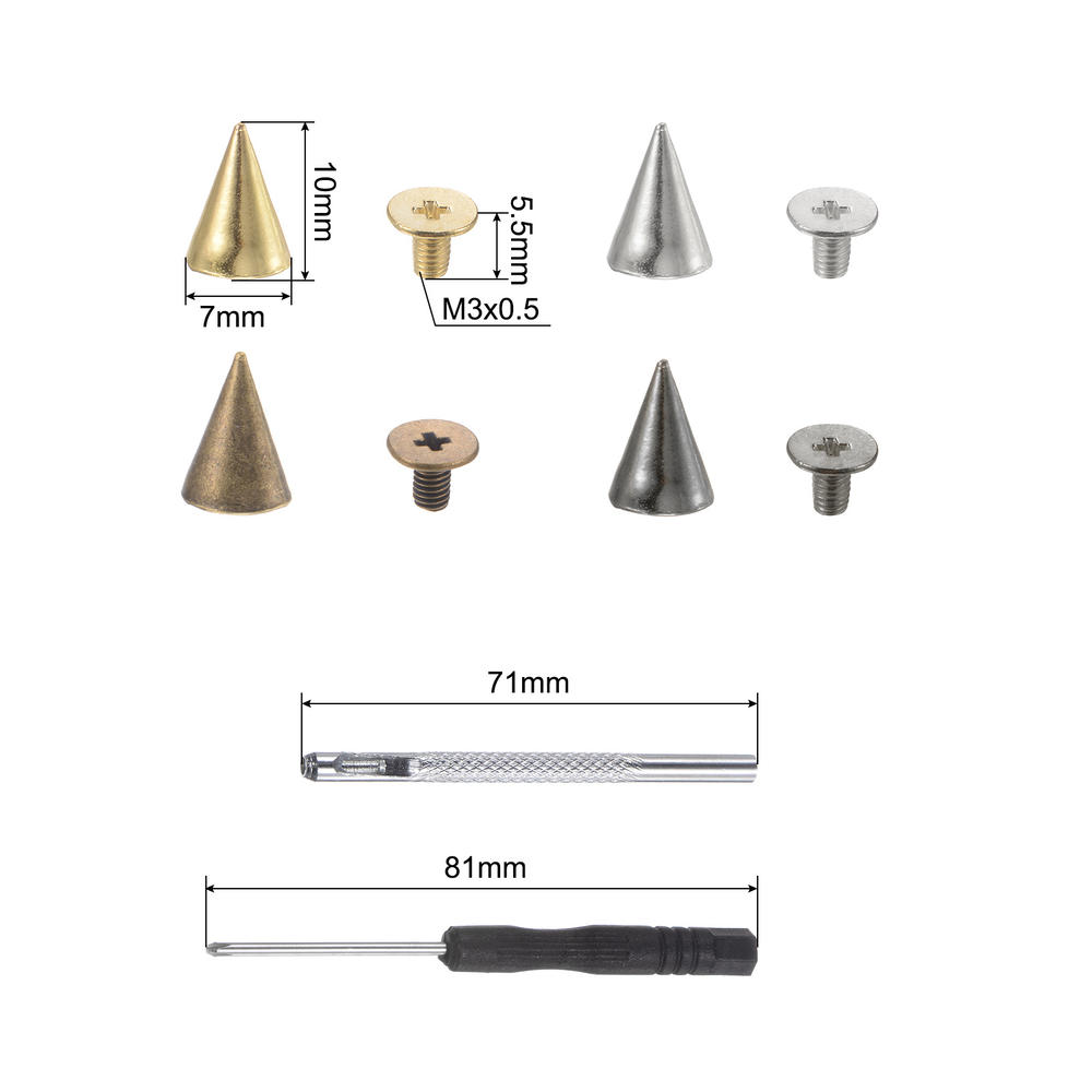 Unique Bargains 50 Sets Cone Spikes 10mm 4 Colors Alloy with 2pcs Install Tools & Storage Box