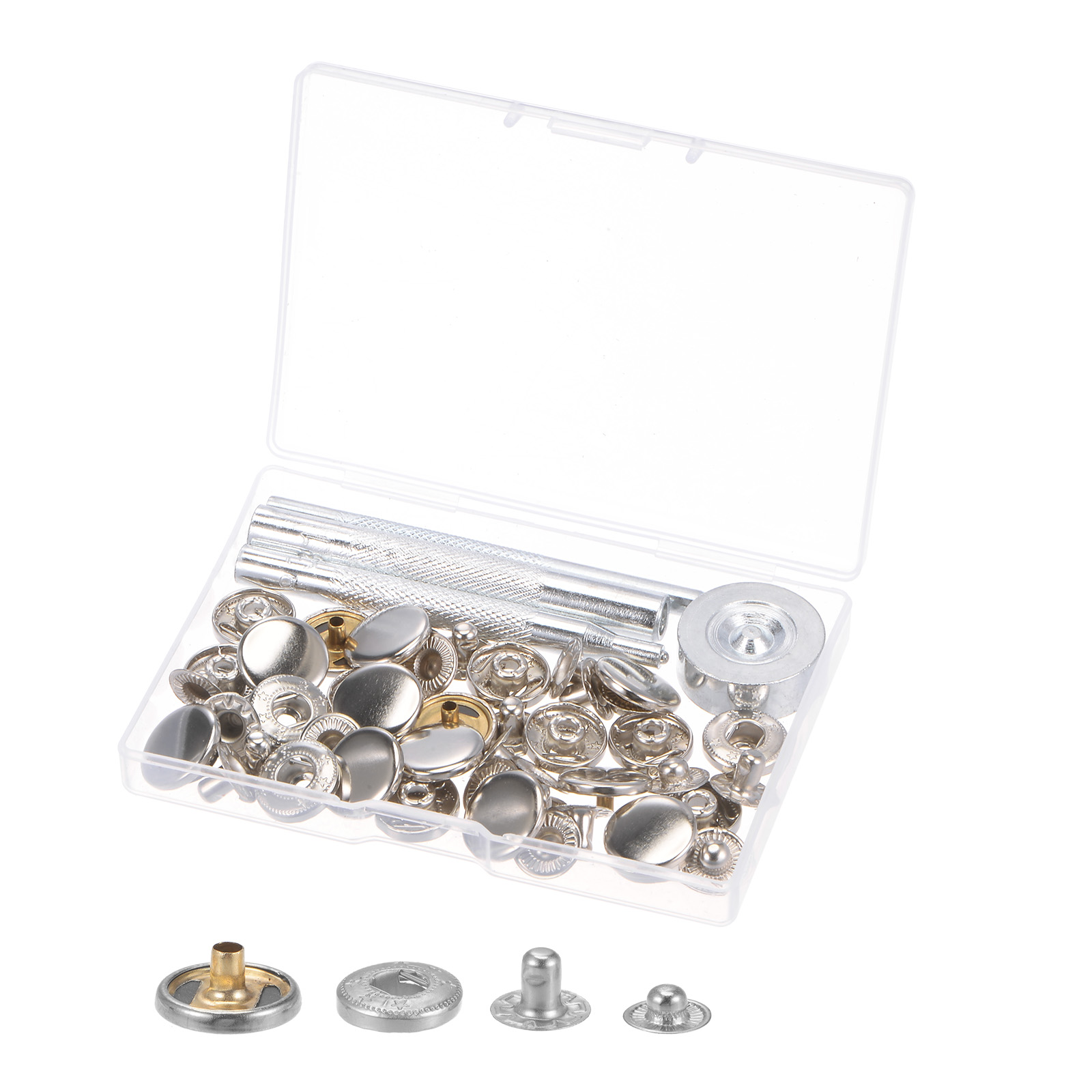 Unique Bargains 12 Sets Snap Fasteners Kit Copper with 4 Setter Tools for Clothing Silver Tone