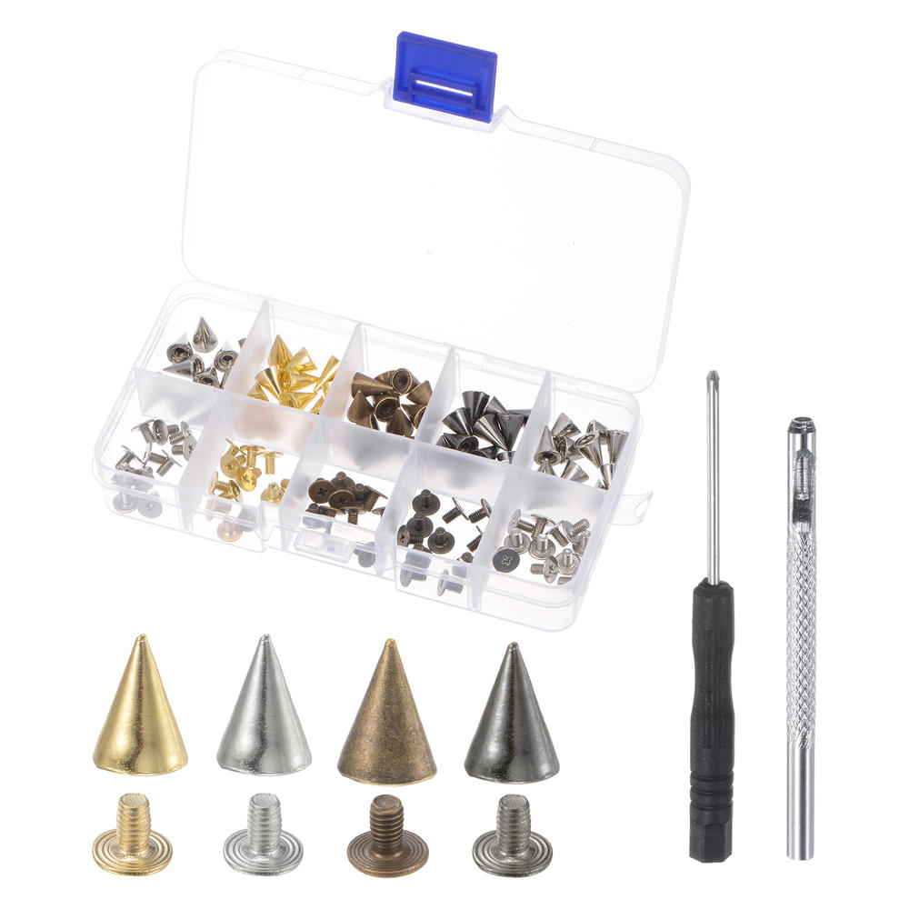 Unique Bargains 50 Sets Cone Spikes 10mm 4 Colors with 2pcs Install Tools & Storage Box