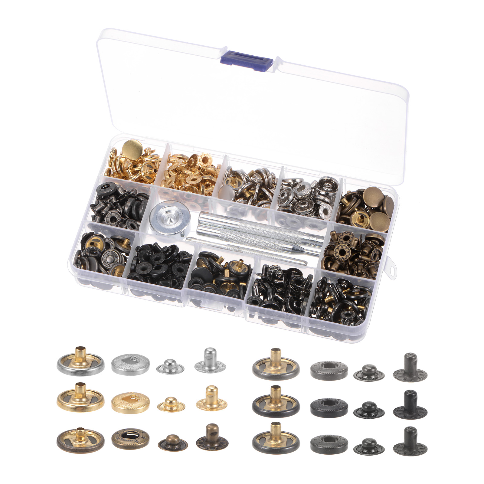 Unique Bargains 120 Sets Snap Fasteners Kit 6 Colors with 4 Setter Tools & Box for DIY Clothing