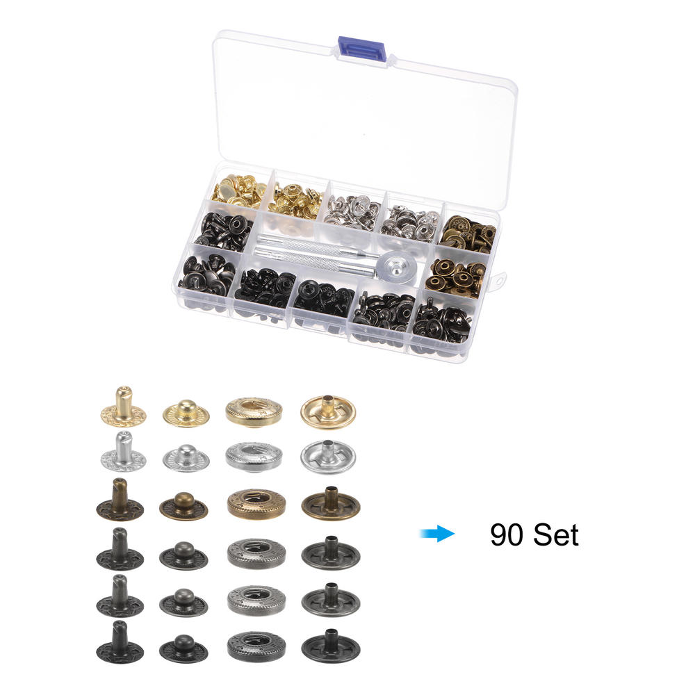 Unique Bargains 90 Sets Snap Fasteners Kit 12.5mm 6 Colors with 4 Setter Tools & Box