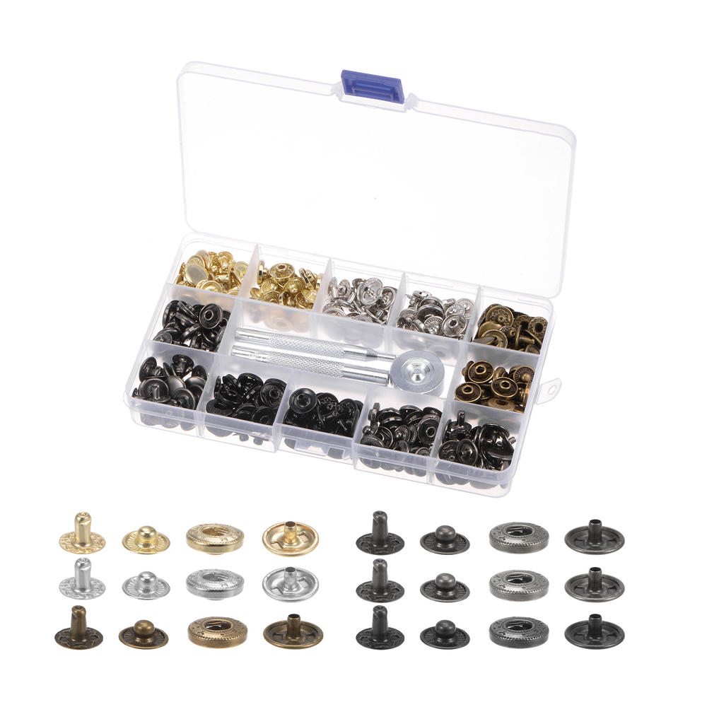 Unique Bargains 90 Sets Snap Fasteners Kit 12.5mm 6 Colors with 4 Setter Tools & Box
