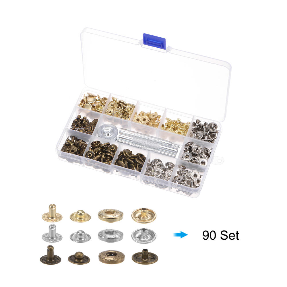 Unique Bargains 90 Sets Snap Fasteners Kit 12.5mm 3 Colors with 4 Setter Tools & Box