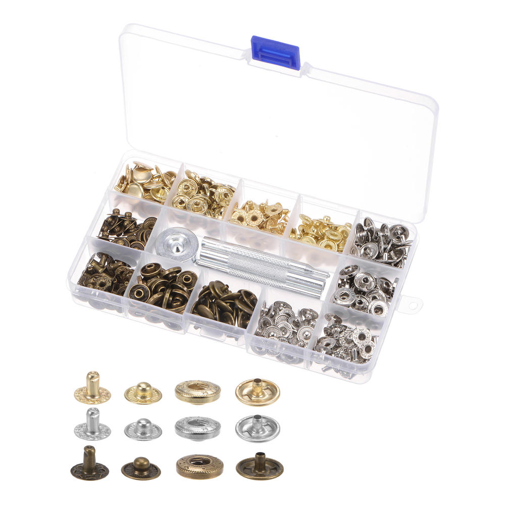 Unique Bargains 90 Sets Snap Fasteners Kit 12.5mm 3 Colors with 4 Setter Tools & Box