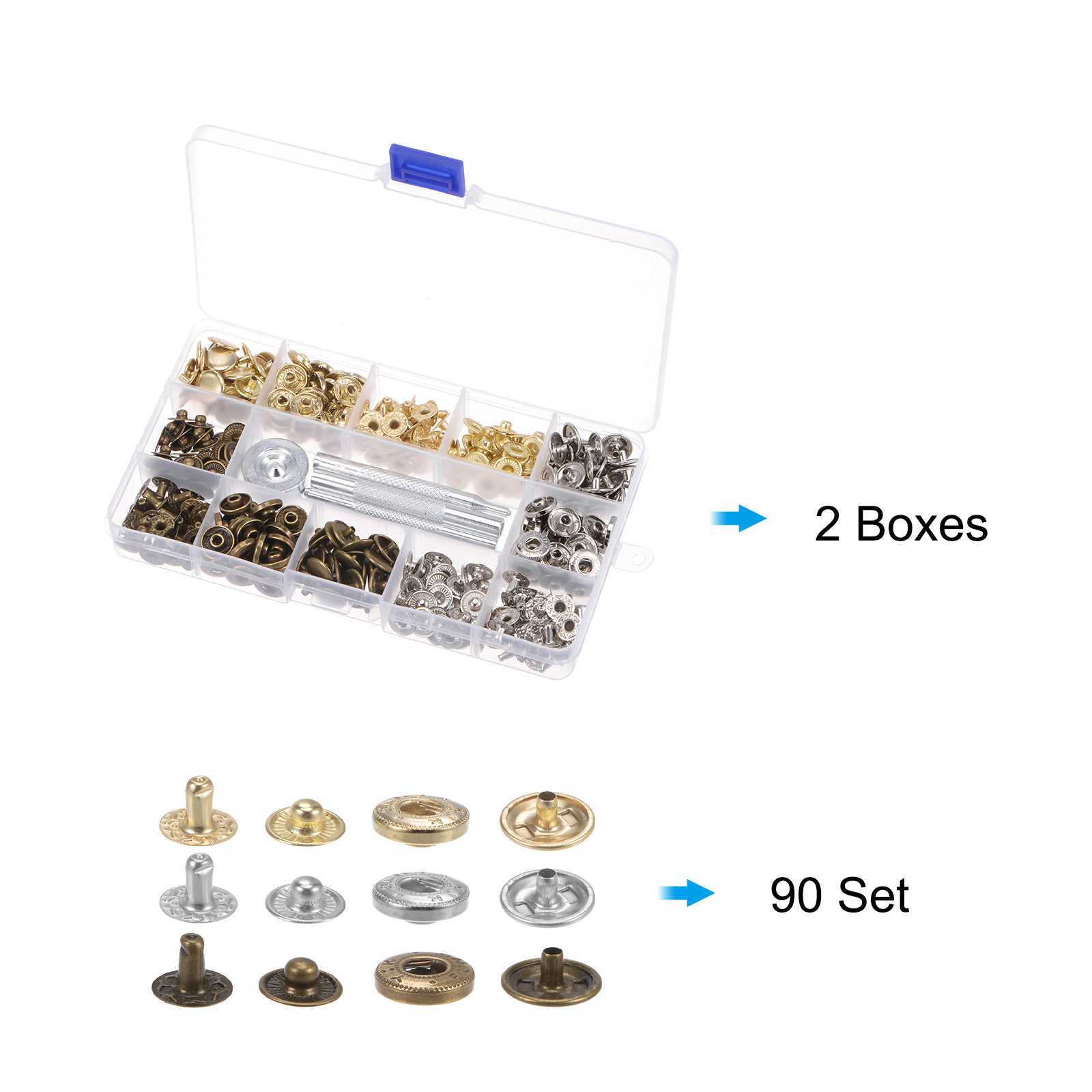 Unique Bargains 2 Boxes 90 Sets/Box Snap Fasteners Kit 12.5mm with 4 Setter Tools