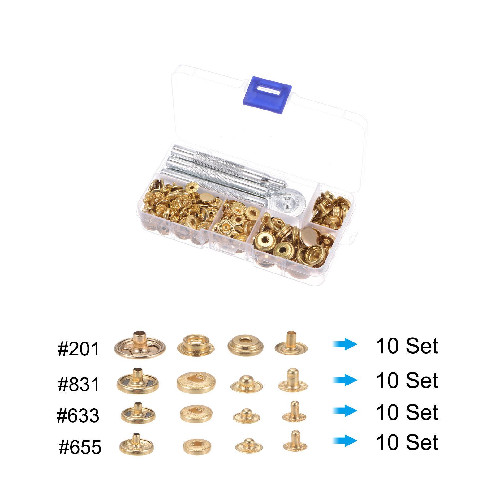 Unique Bargains 40 Sets Snap Fasteners Kit 4 Type Copper with 9 Setter Tools & Box, Golden