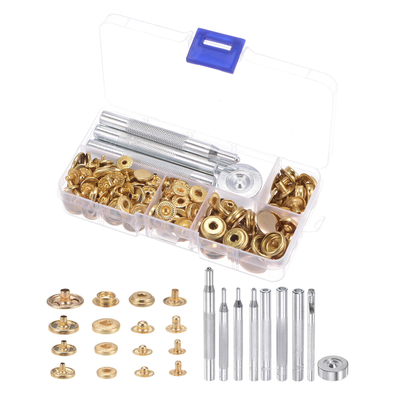Unique Bargains 40 Sets Snap Fasteners Kit 4 Type Copper with 9 Setter Tools & Box, Golden