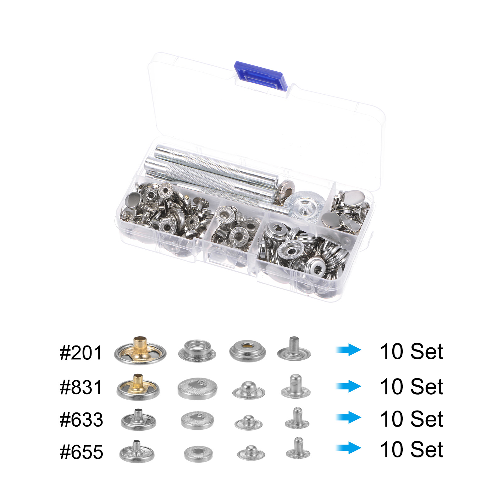 Unique Bargains 40 Sets Snap Fasteners Kit 4 Type Copper with 9 Setter Tools & Box, Silver Tone