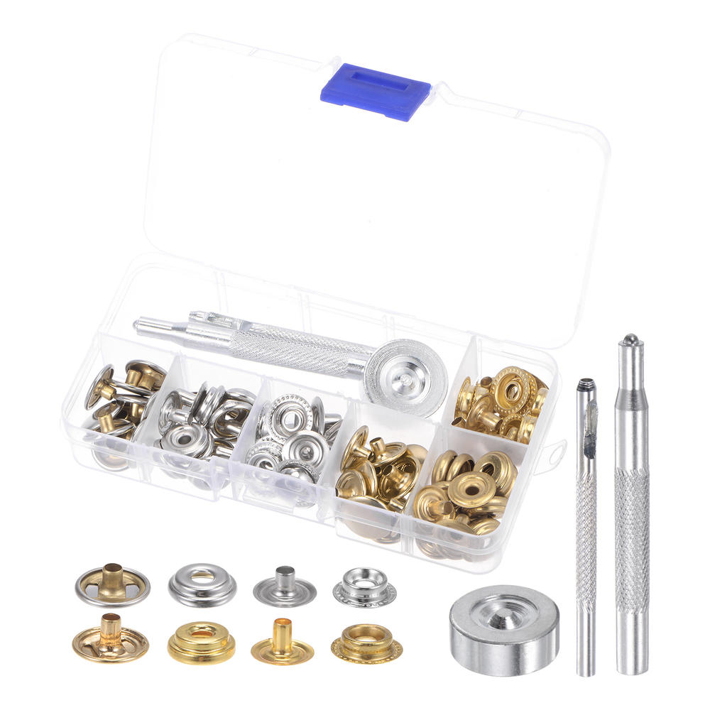 Unique Bargains 20 Sets Snap Fasteners Kit Brass with 3 Setter Tools & Storage Box for Clothing