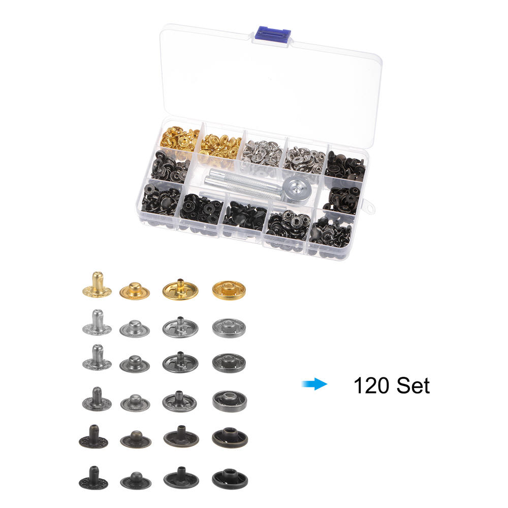 Unique Bargains 120 Sets Snap Fasteners Kit Metal with 4PCS Setter Tools, Box for Clothing