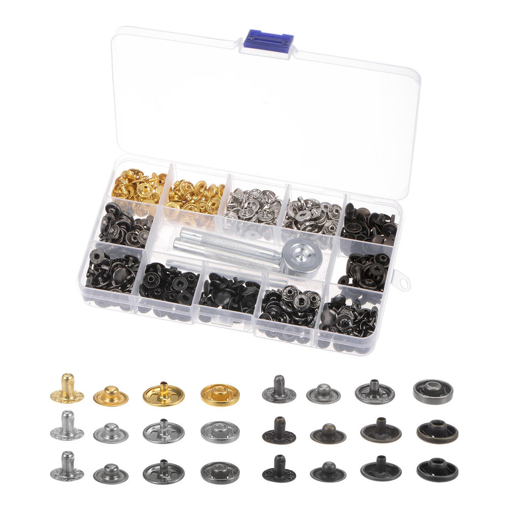 Unique Bargains 120 Sets Snap Fasteners Kit Metal with 4PCS Setter Tools, Box for Clothing