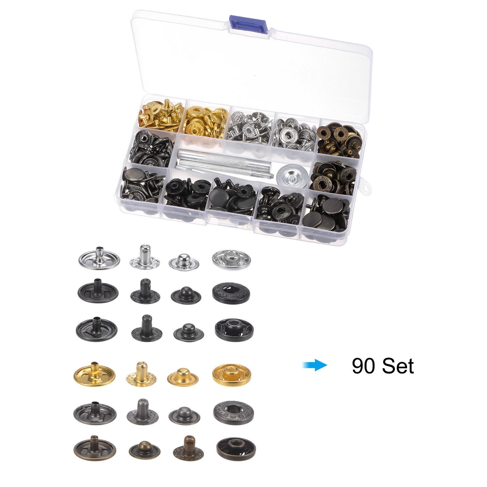 Unique Bargains 90 Sets Snap Fasteners Kit 15mm with 3 Setter Tools & Storage Box for Clothing