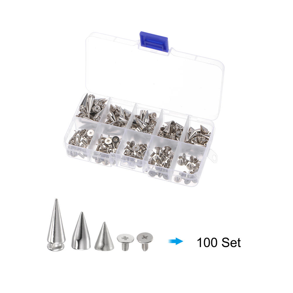 Unique Bargains 100 Sets Cone Spikes 3 Sizes Silver Tone with Screwdriver & Storage Box
