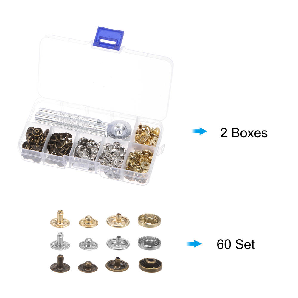 Unique Bargains 2 Boxes 60 Sets/Box Snap Fasteners Kit 10mm with 4 Setter Tools