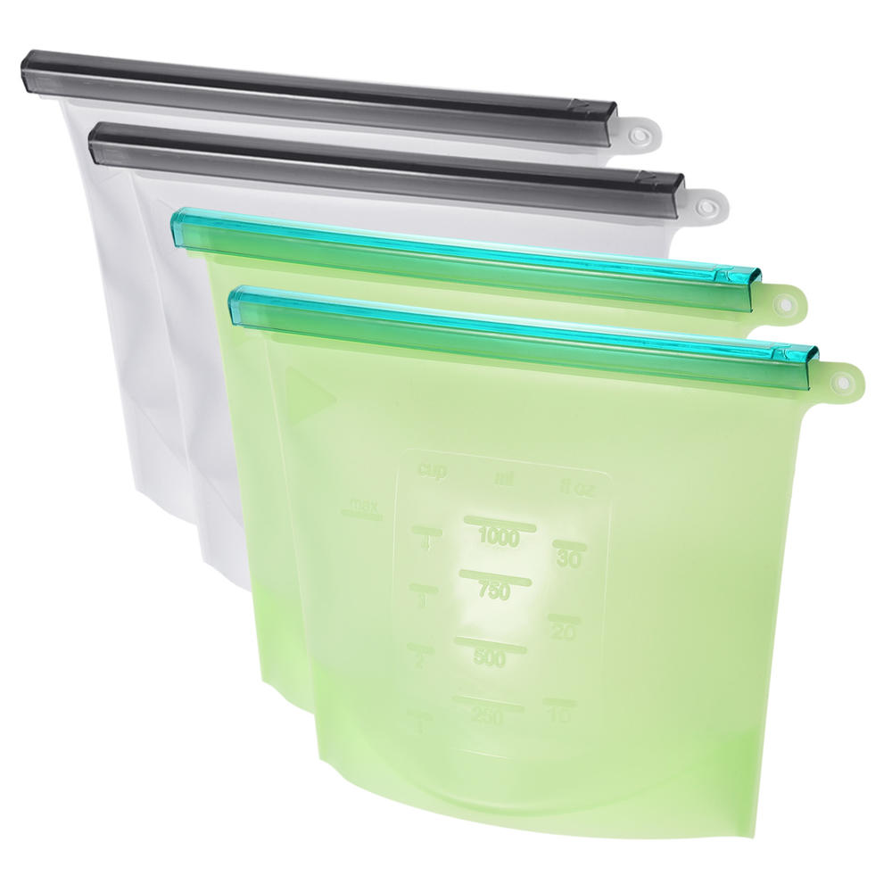 Unique Bargains Reusable Food Storage Bags Silicone Freezer Bag Fresh Keeping-White+Green 4Pcs